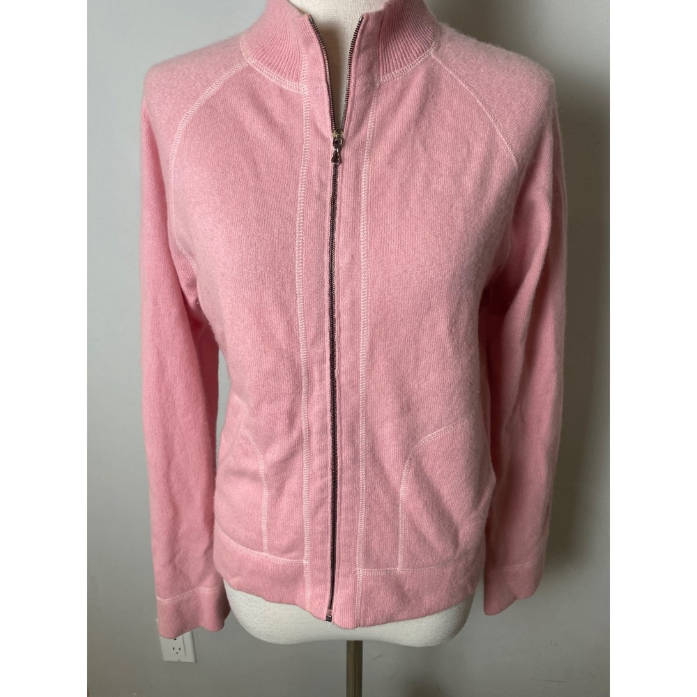 Margaret O'Leary Pink 100% Cashmere Full Zip Mock Neck Sweater Pockets USA M